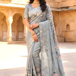 Elegant Ash Grey Soft Silk Saree with Intricate Floral Embroidery & Sequin Work