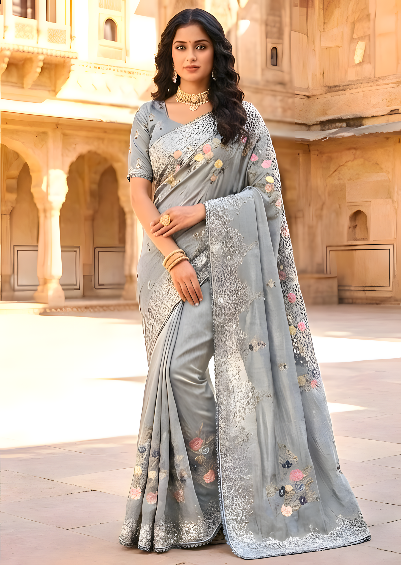 Elegant Ash Grey Soft Silk Saree with Intricate Floral Embroidery & Sequin Work