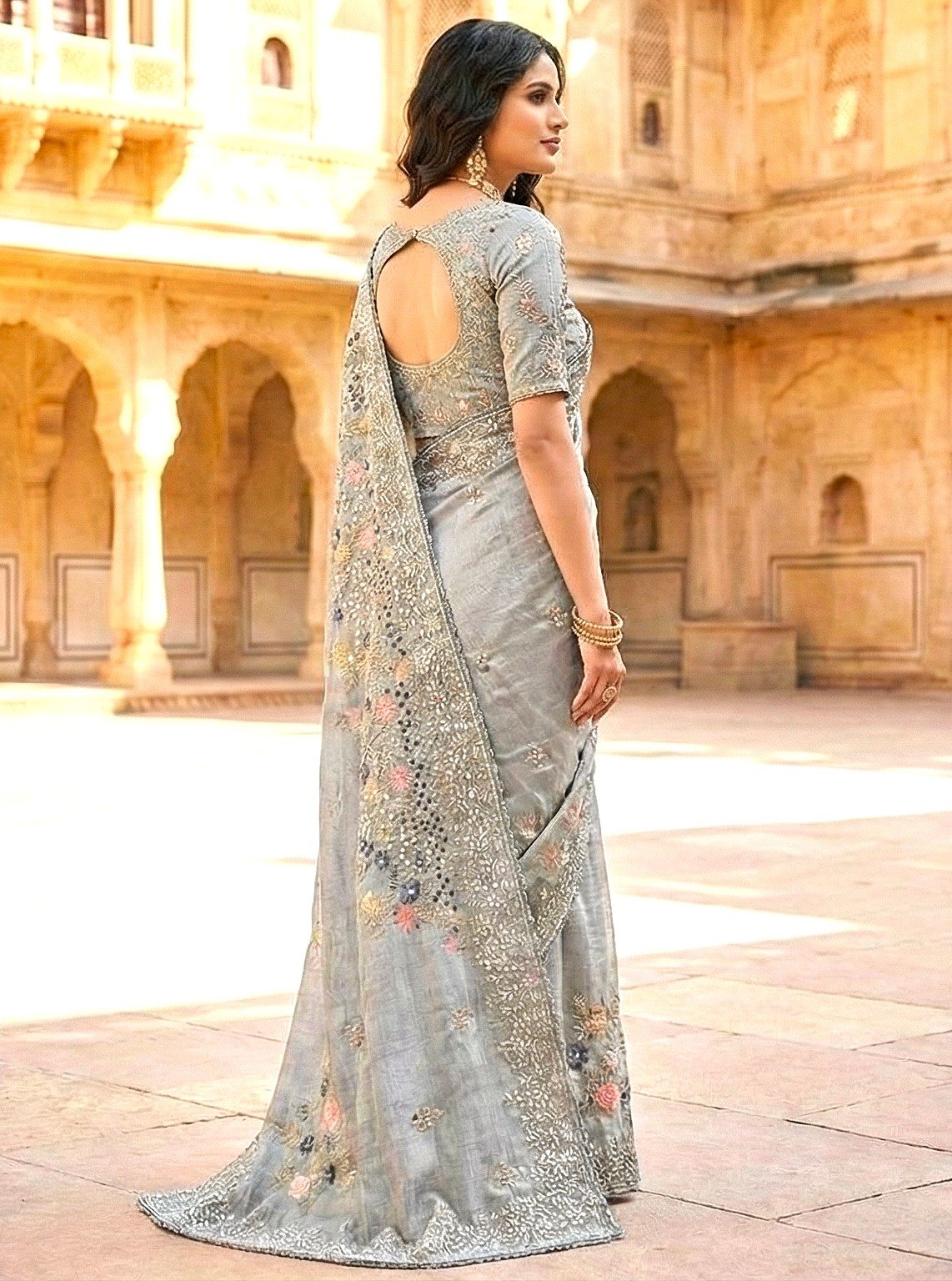 Elegant Ash Grey Soft Silk Saree with Intricate Floral Embroidery & Sequin Work - Image 3