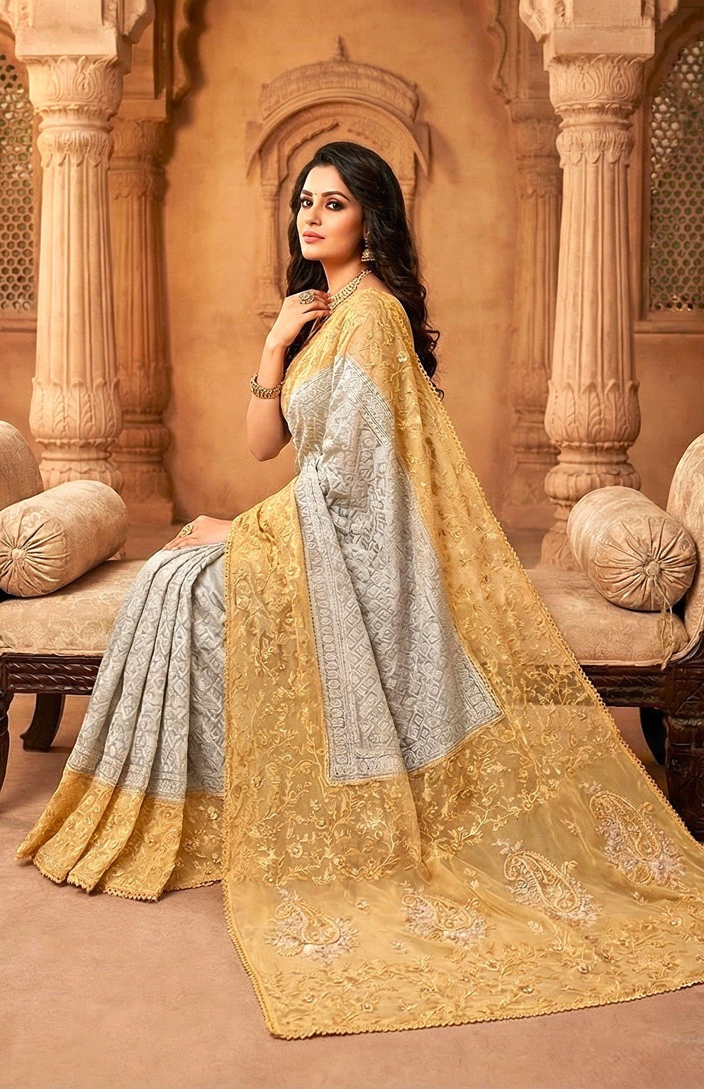 Sophisticated Ash Grey & Golden Premium Muslin Saree with Paisley Floral Embroidery - Image 3