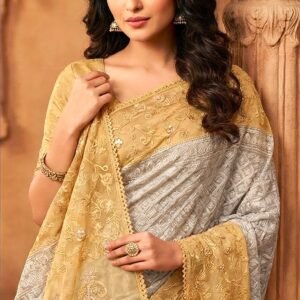Sophisticated Ash Grey & Golden Premium Muslin Saree with Paisley Floral Embroidery