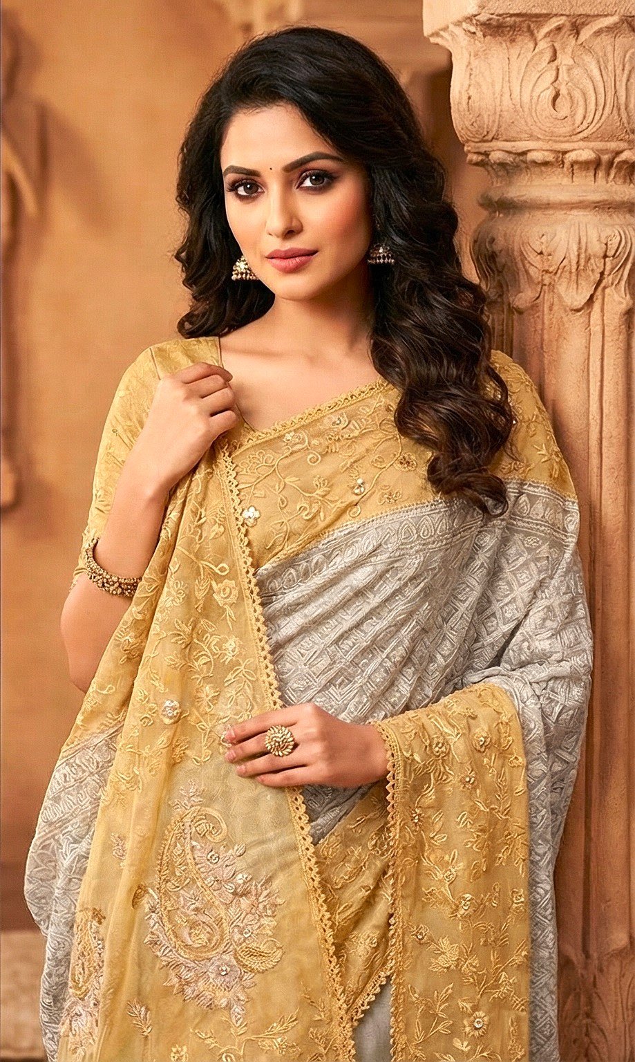 Sophisticated Ash Grey & Golden Premium Muslin Saree with Paisley Floral Embroidery
