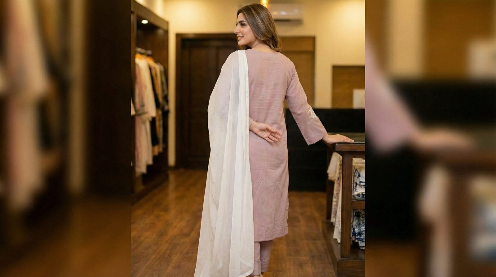 Mauve Meadow – Premium Muslin-Cotton Floral Suite with Shaded Chiffon Dupatta - Image 3