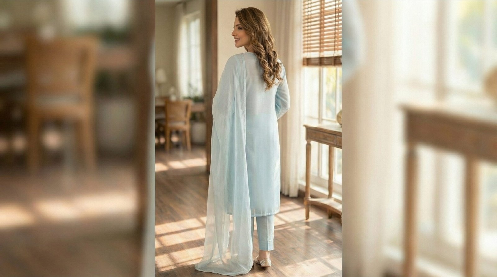 Azure Mist – Premium Muslin-Cotton Ombré Suite with Chiffon Dupatta - Image 2