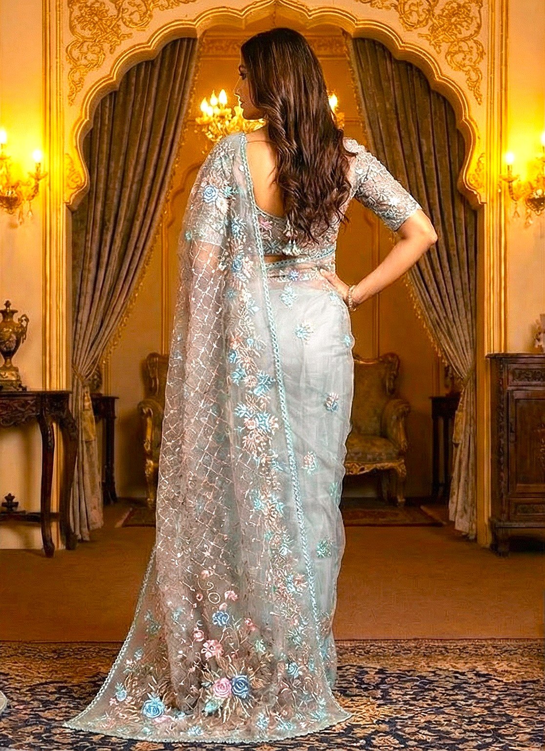 Authentic Sea Green Bangladeshi Muslin Saree Online - Exclusive Floral & Sequin Work - Image 2
