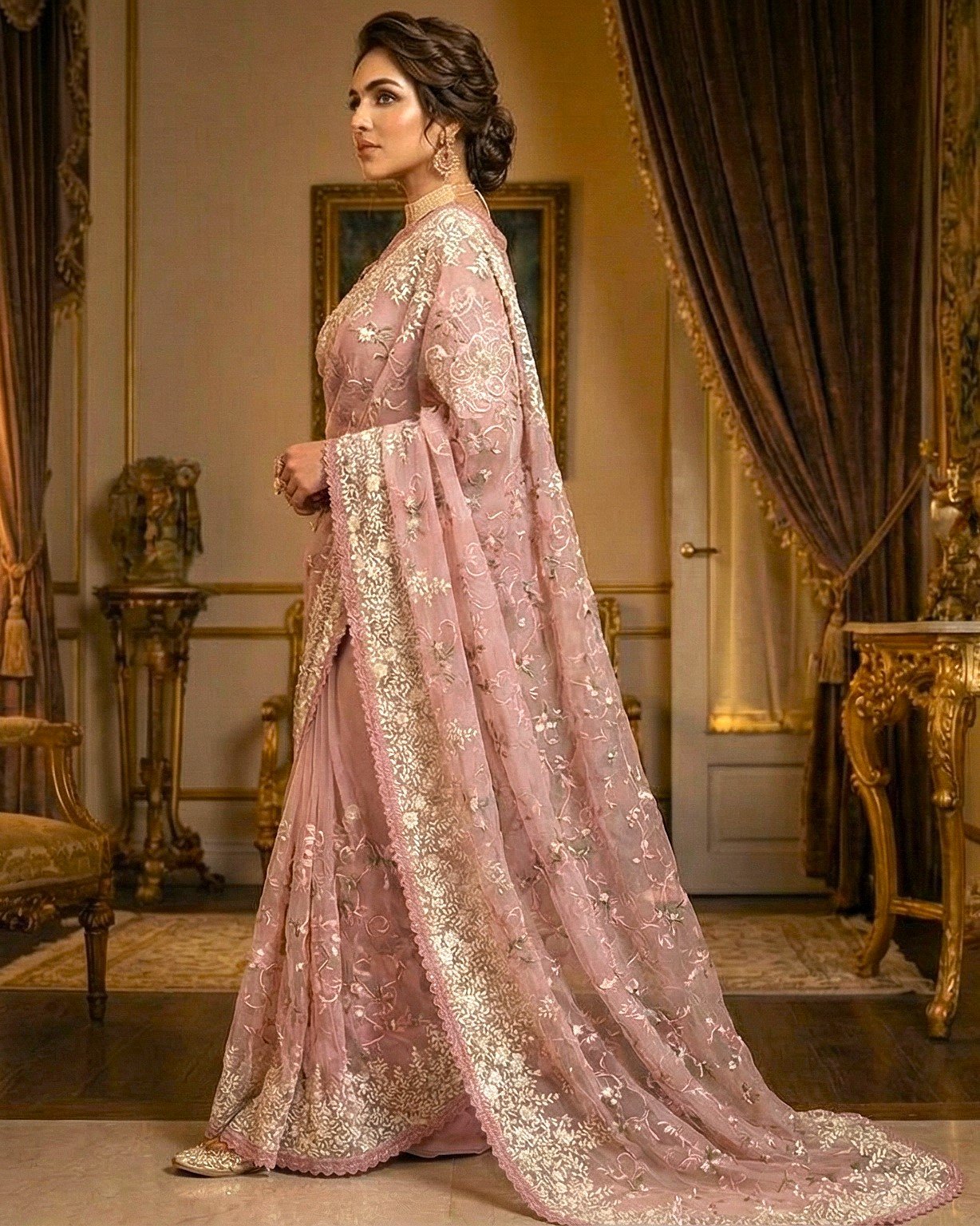 Exquisite Dusty Rose Bangladeshi Muslin Saree Online with Heavy Floral Embroidery & Scalloped Borders - Image 3