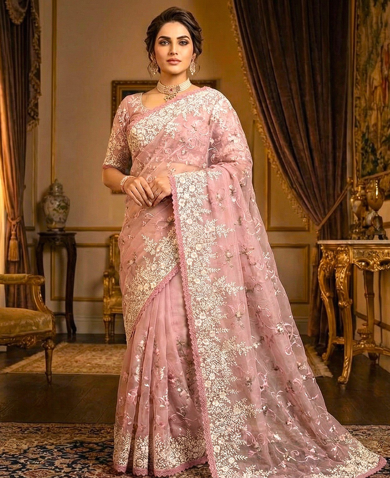 Exquisite Dusty Rose Bangladeshi Muslin Saree Online with Heavy Floral Embroidery & Scalloped Borders - Image 2