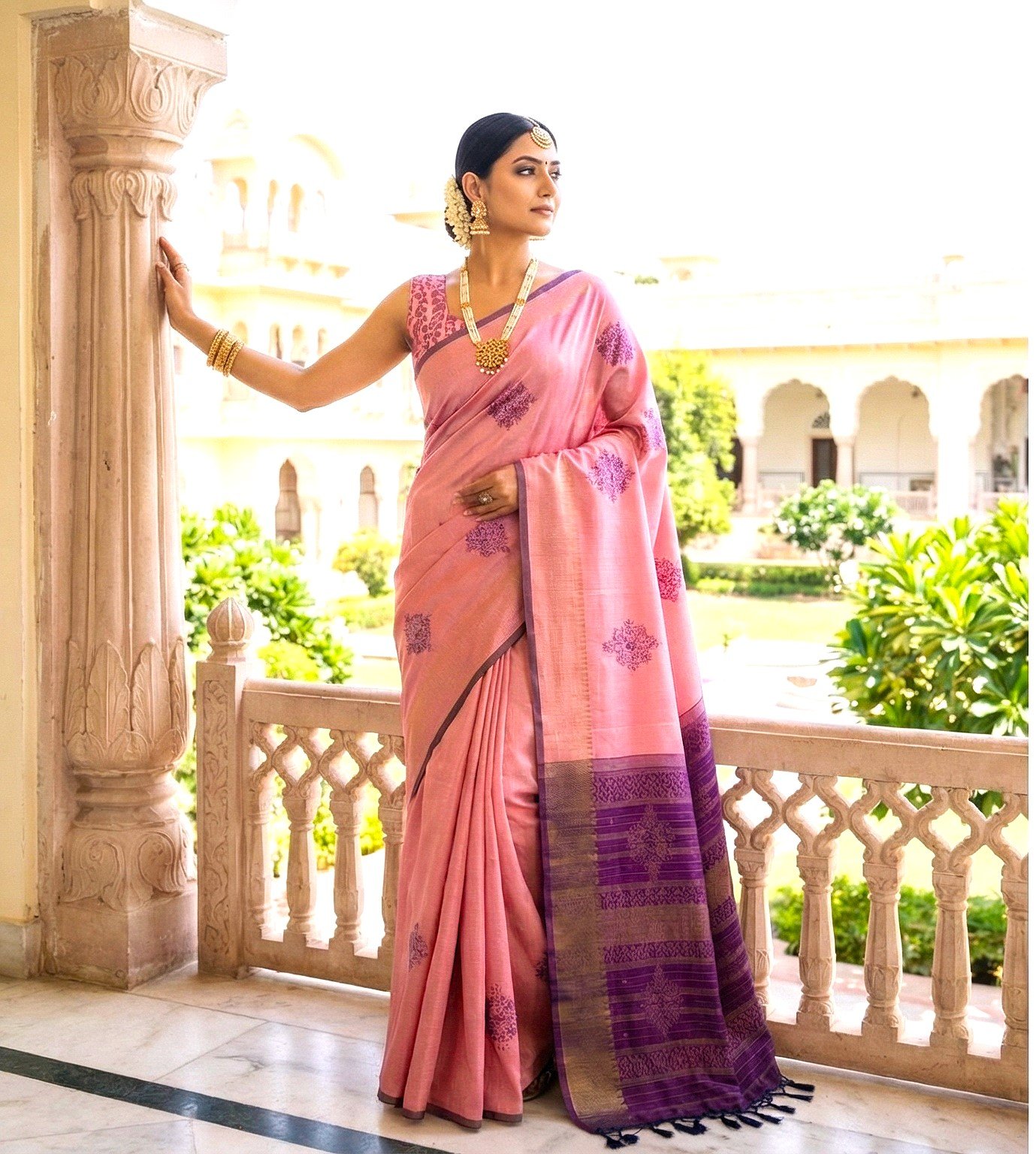 Exclusive Pink & Purple Silk Cotton Saree - Best Bangladeshi Jamdani Saree Price - Image 2