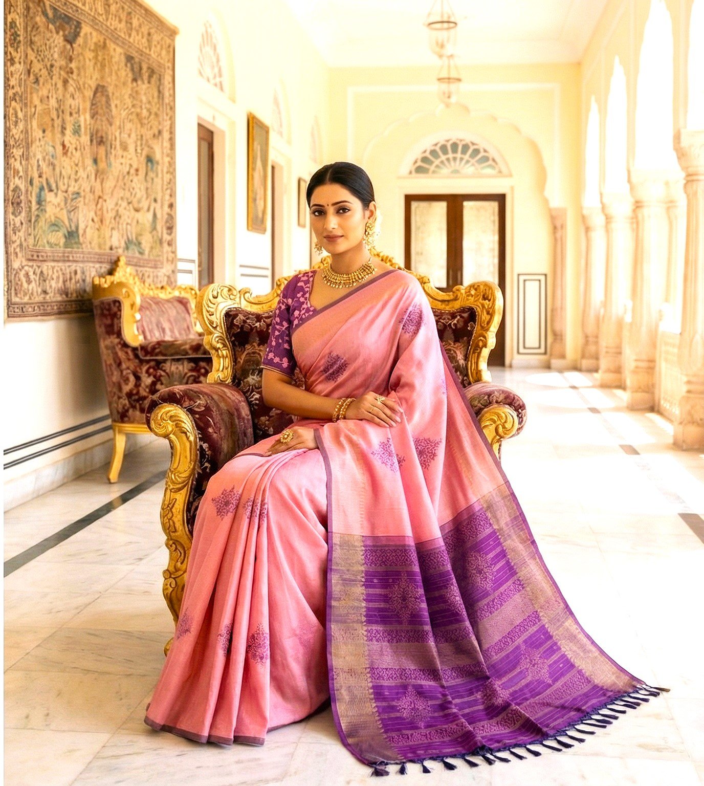 Exclusive Pink & Purple Silk Cotton Saree - Best Bangladeshi Jamdani Saree Price
