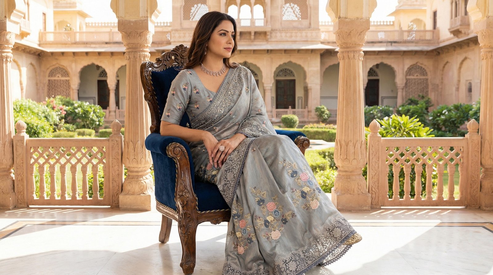 Elegant Ash Grey Soft Silk Saree with Intricate Floral Embroidery & Sequin Work - Image 4