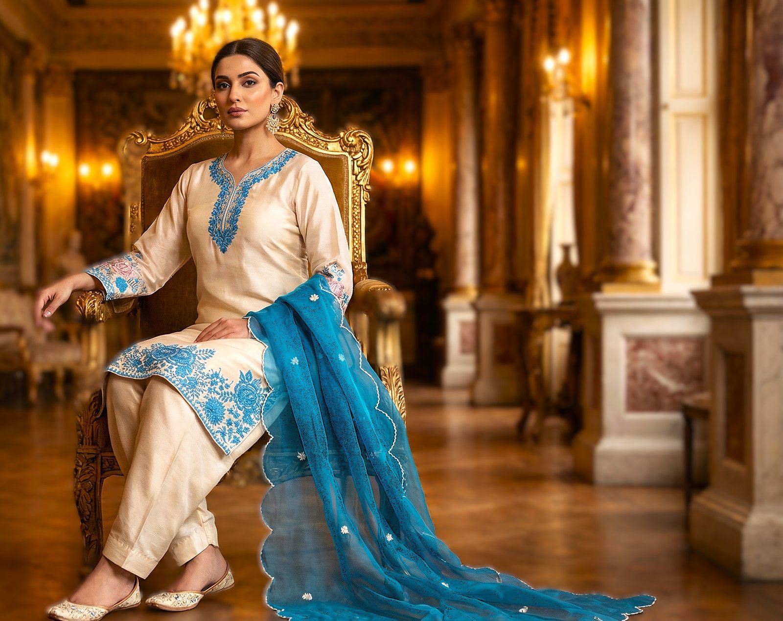 Elegant White Maslin Cotton 3-Piece Suite with Sky Blue Embroidery & Scalloped Dupatta - Image 4