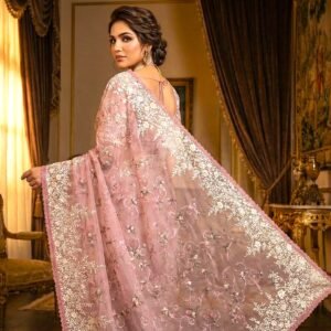 Exquisite Dusty Rose Bangladeshi Muslin Saree Online with Heavy Floral Embroidery & Scalloped Borders