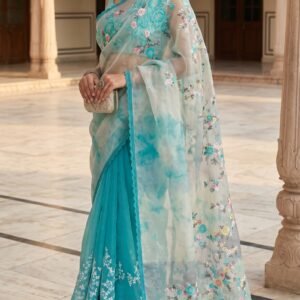 Shaded Turquoise Muslin Saree with Pastel Floral Embroidery