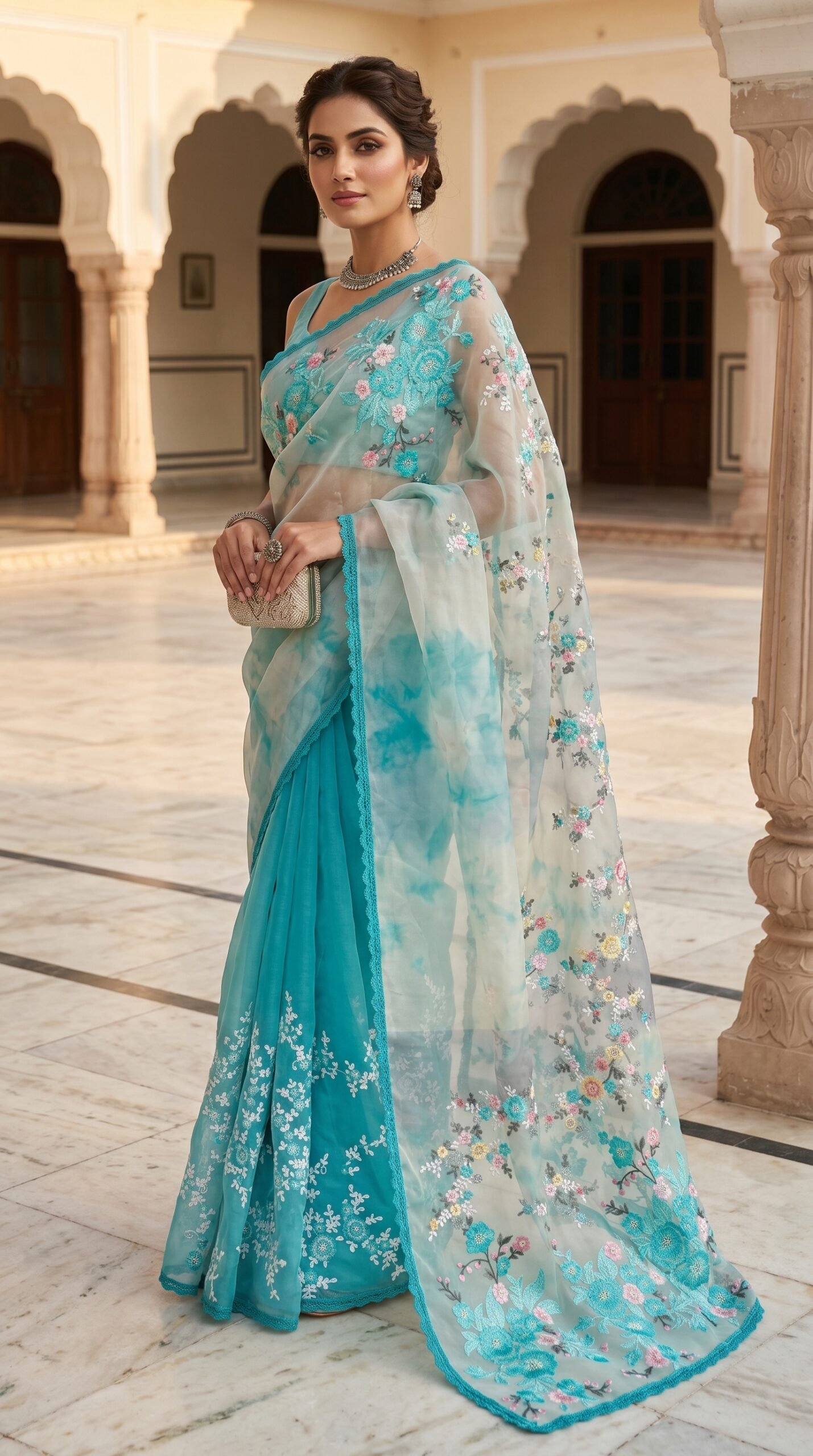 Shaded Turquoise Muslin Saree with Pastel Floral Embroidery