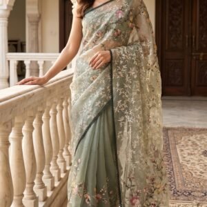 Sage Green Muslin Saree with Intricate Floral and Vine Embroidery