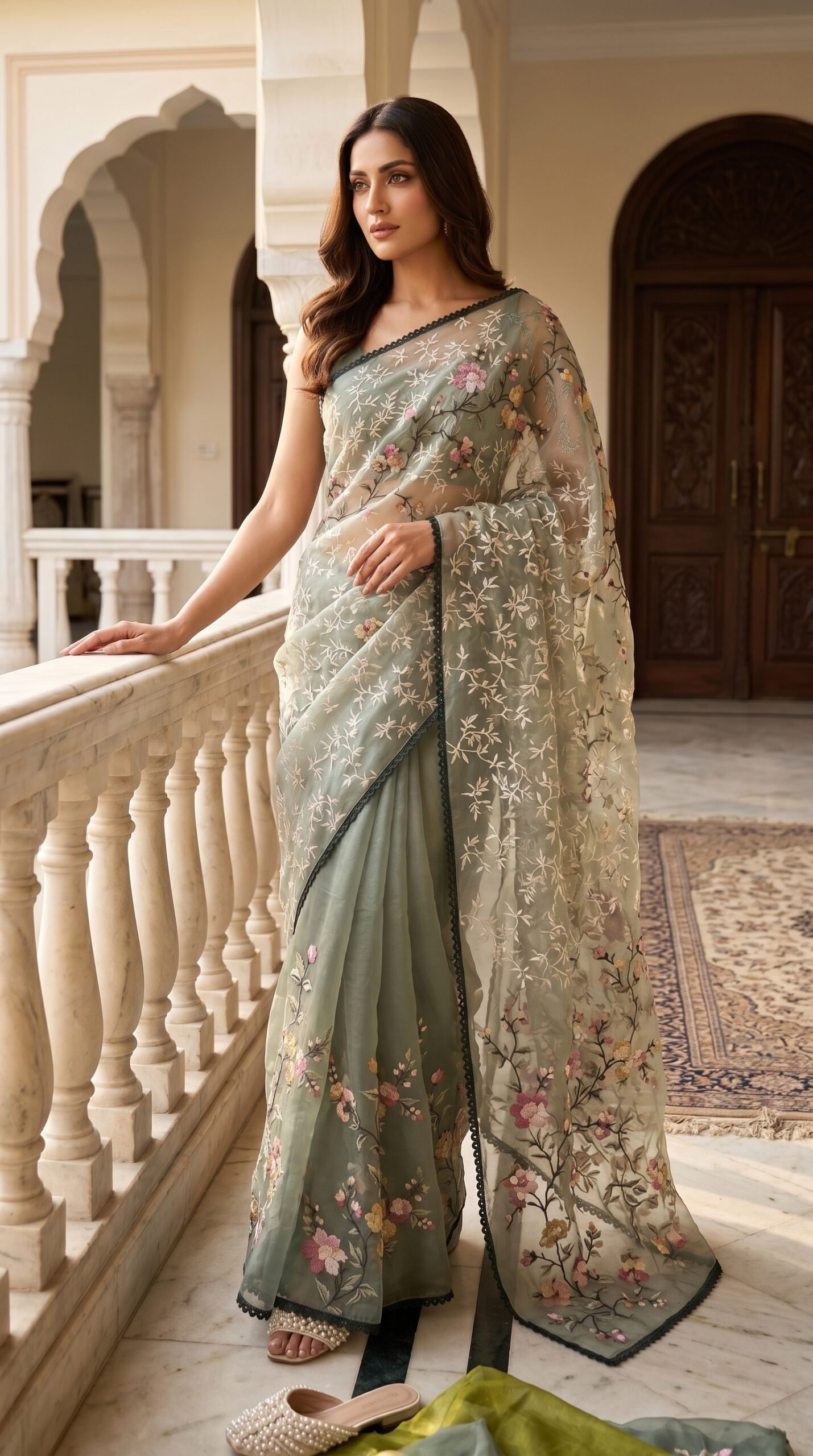 Sage Green Muslin Saree with Intricate Floral and Vine Embroidery