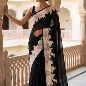 Midnight Black Georgette Saree with Embroidered Muslin Border