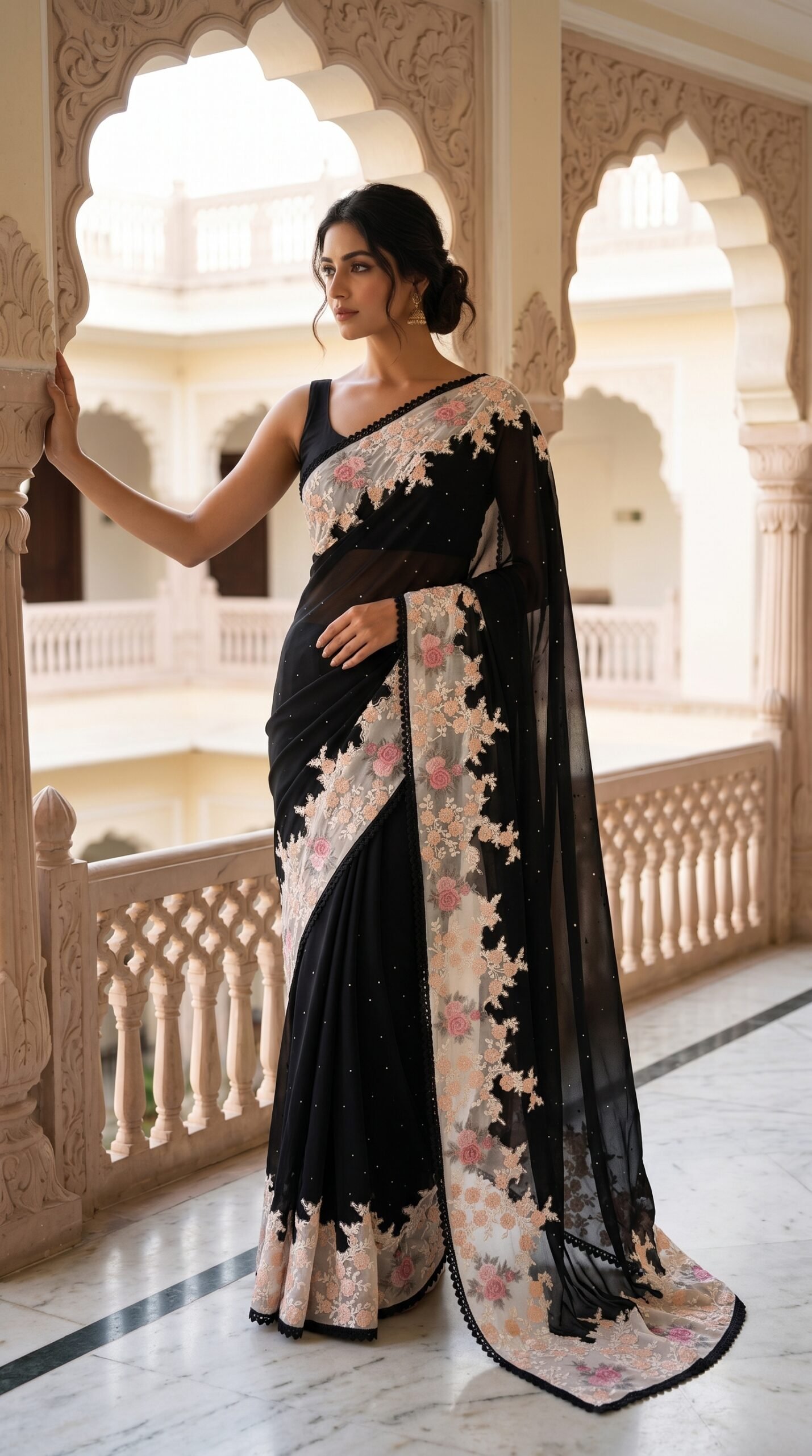Midnight Black Georgette Saree with Embroidered Muslin Border