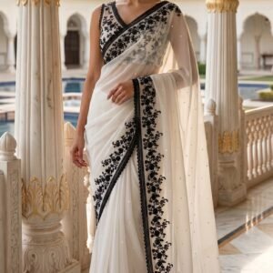 Ivory White Muslin Saree with Contrasting Black Embroidered Border