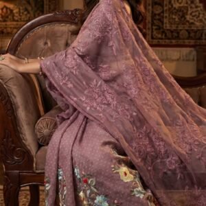 Dusty Mauve Muslin Saree with Colorful Floral Embroidery